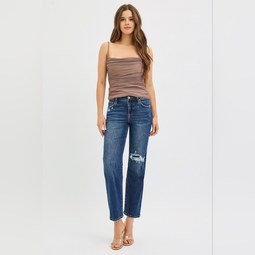 RISEN High Rise Dark Wash Slim Straight Ankle Jeans Patched Knee Various NEW